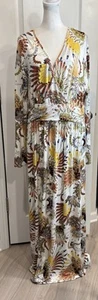CATHY (NWT) Maxi Dress 3XL V-Neck Feather Print Empire Waist Pockets Bohemian - Picture 1 of 19