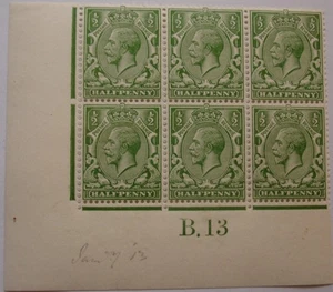 George V: Simple Cypher: Somerset House B13 imperf. block of 6. - Picture 1 of 2