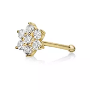 22 Gauge Cubic Zirconia Straight Bone Flower Nose Ring in 14k Yellow Gold 4.5mm - Picture 1 of 9