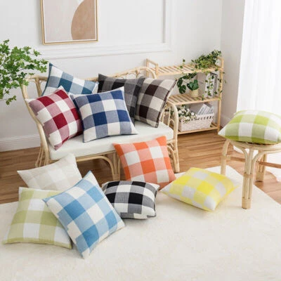 18" 20" 22" 24" Tartan Check Linen Cushion Cover Pillow Cases Waist Home Decor - Image 1 of 4