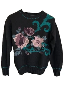 Carole Little Sweater Hand Knit NWOT Sz S VTG Black Purple Teal Floral Embroider - Picture 1 of 12