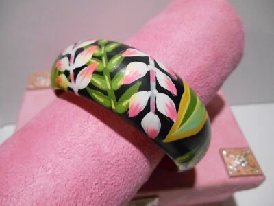 Brazalete grueso de madera pintado a mano bohemio - Heliconia sexy rosa Foto 1 de 4