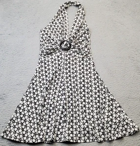 Alyn Paige A Line Dress Womens S Black White Geo Print Halter Neck O Ring Detail - Picture 1 of 5