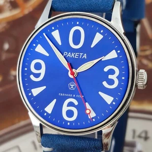 Orologio Vintage URSS RAKETA Big Zero Quadrante Blu Orologio da Polso Meccanismo 2609.HA 19J - Foto 1 di 23