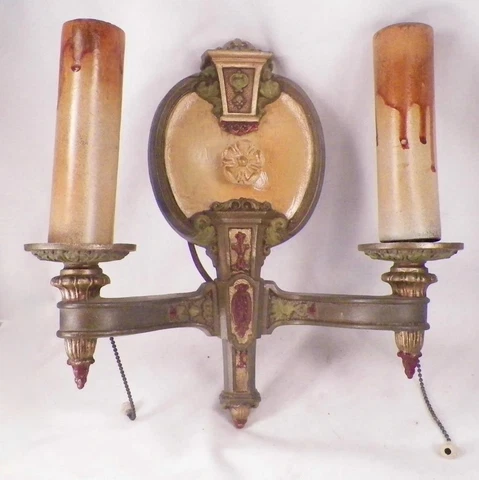 2 Riddle Art Deco Wall Sconce Sconces Double Light Polychrome Paint Vintage Cover