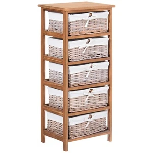 HOMCOM 5 Drawer Wicker Basket Storage Shelf Unit Wooden Frame Home Natural - Picture 1 of 11