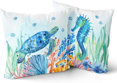 Juego de Fundas de Almohada Océano Costero de 2-18"X18" Tortugas Marinas Caballito de Mar Decorativo Thr Foto 1 de 4