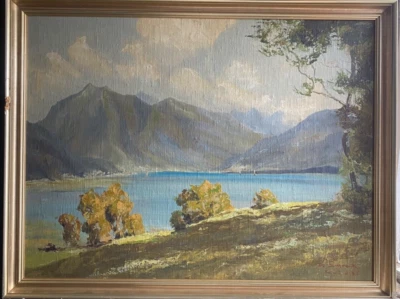 Letrero de pintura al óleo Lago de montaña F.Schrenk antes del panorama de los Alpes en Austria Foto 1 de 4