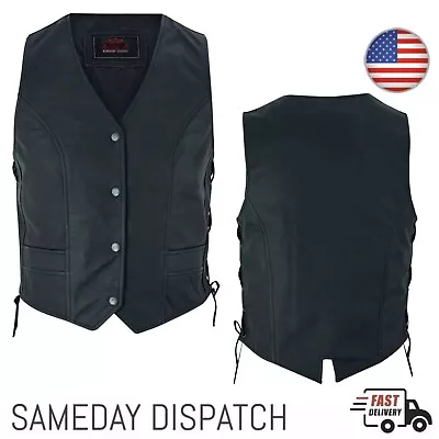 Women’s Motorcycle Biker Classic Goat Leather Vest Concealed 2 Gun Pocket Black - Image 1 of 4