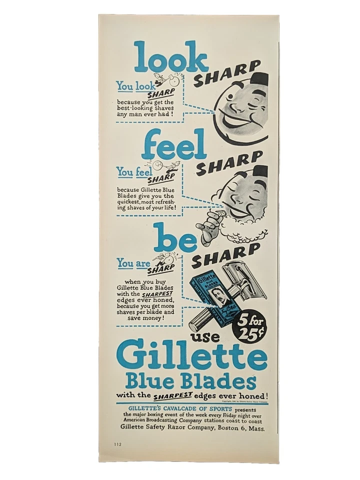 Anuncio impreso de hojas de afeitar Gillette 1946, anuncio de hojas azules posterior a la Segunda Guerra Mundial  Foto 1 de 1