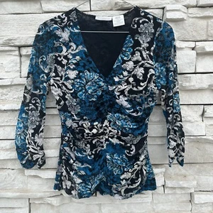 Worthington Womens Blue Black Fairy Floral Top Sz M Ruched Coquette Stretchy Y2K - Picture 1 of 6