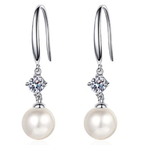 9MM Genuine Freshwater White Pearl 0.6CT Moissanite Diamond Drop/Dangle Earrings - Picture 1 of 9