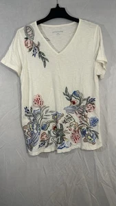 Soft Surroundings Alberta White Beaded Embroidered V-neck T-shirt Size L - Picture 1 of 8