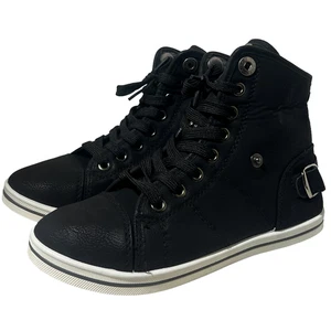 Black Hi Top Plimsolls – Lace Up Casual Canvas Trainers Shoes Kids Unisex Sizes - Picture 1 of 5