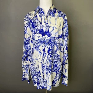 Camicia vintage California anni 70 colletto pugnale blu arte grande forma femminile pinup nuda - Foto 1 di 13