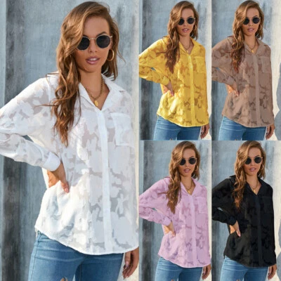 Plus Size Womens Floral Lace T-Shirt Tops Ladies Long Sleeve Button Down Blouse - image 1 of 2