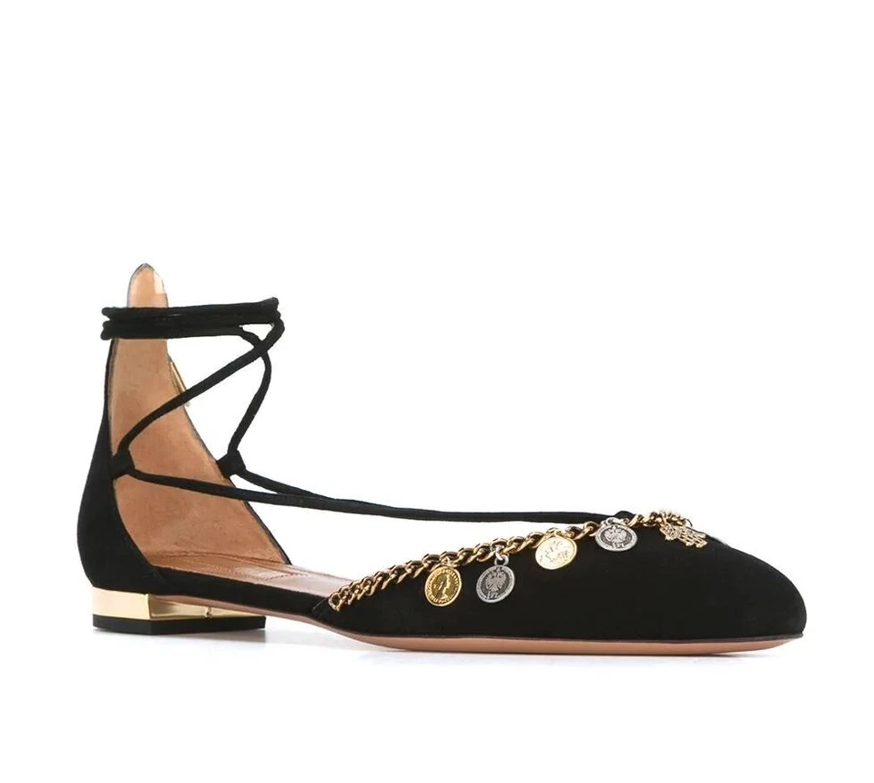 Bailarinas Aquazzura Charm Embellecidas Negro Gamuza Zapatos Planos talla 38.5 Foto 1 de 3