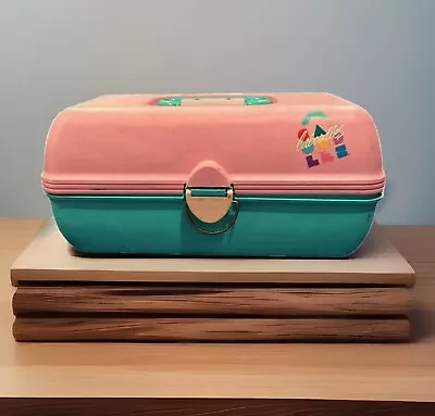 VTG Early 90s CABOODLES Makeup Case - #2620 Pink Teal Peach - Tiered with Mirror - Image 1 of 4