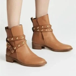See by Chloe Janis Tan Leather Studded Ankle Boots Size 37 Pull-On Round Toe - Picture 1 of 12