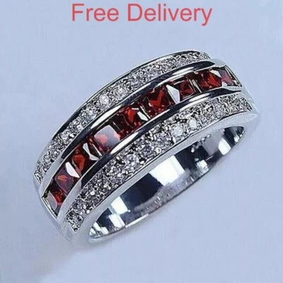 1Ct Princess Cut Simulated Red Ruby Men's Wedding Ring 14k White Gold Plated - Image 1 of 4