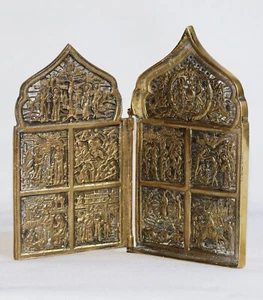 XIX c. antique russian bronze orthodox icon of 2 folding parts - Picture 1 of 7