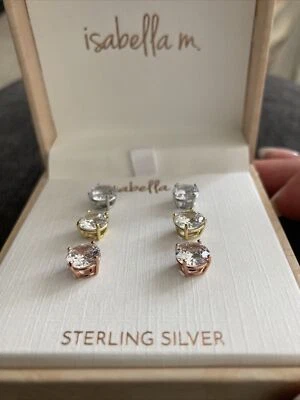 Isabella M .925 SS 3 Pair CZ Stud Earrings~Gold/Silver/Rose Gold~New In Box! - Image 1 of 4