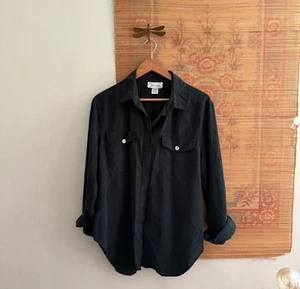 Silk Vintage 90s Black Button Down Casual Shirt Minimalist Classic Medium - Picture 1 of 5