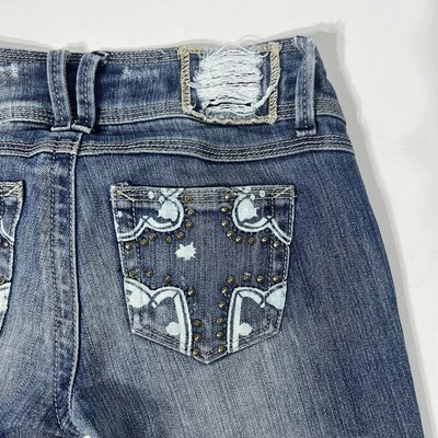 Pantalones de mezclilla Almost Famous para mujer 1 azul tiro bajo Y2K juniors desgastados con tachuelas Foto 1 de 4