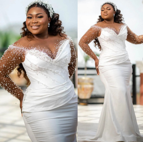 OFF WHITE Abiti da sposa a sirena taglie forti bianco sporco strass perline maniche intere