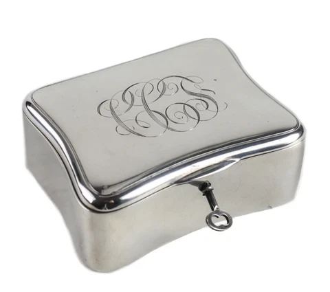 Antique R. Blackington Sterling Silver Velvet Lined Jewelry Dresser Box with Key Cover