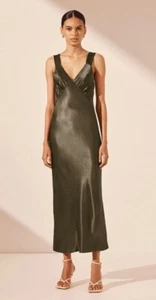 Shona Joy Midi Slip Dress Sz 6 La Lune Plunged Green Evening Party Formal Satin - Picture 1 of 17