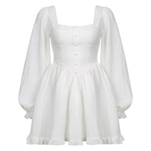 Long sleeve dress solid color square neck open back bubble sleeve A-line skirt - Picture 1 of 1