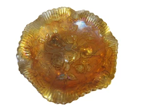 Imperial Glass Footed Lustre Rose Pattern Ruffled Marigold Carnival Glass Dish - Picture 1 of 6