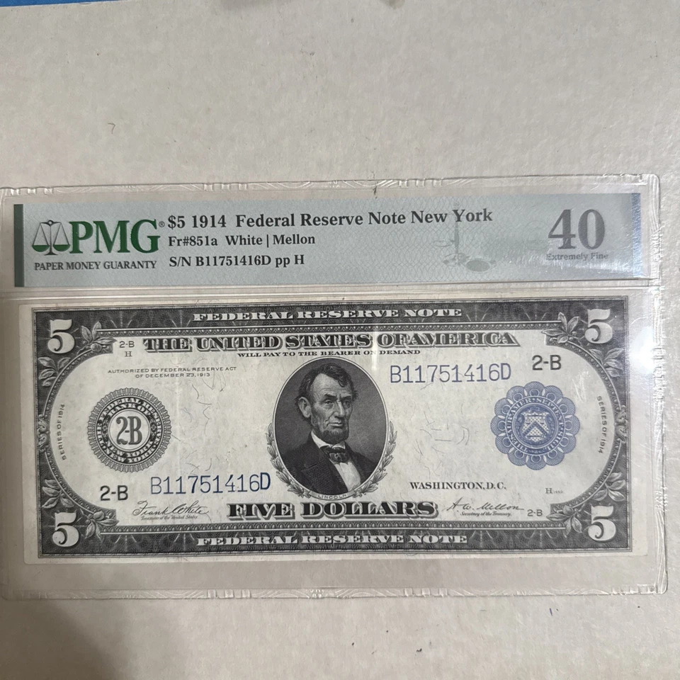 1914 $5 Federal Reserve Note New York PMG 40 Fr#851a White/Mellon SN B11751416D - Image 1 of 4