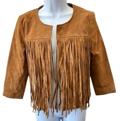 流苏麂皮绒皮夹克 S 36 英寸半身棕色衬里短开襟长袖 — 第 1/4 张图片