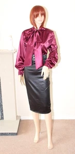 Sexy Dark Ruby Red Liquid Satin Pussy Bow Secretary Governess Blouse Size 16 - Picture 1 of 6