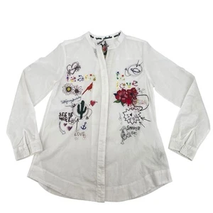 Camisa Desigual Blanca Algodón Cuentas Floral Abotonada Manga Larga Talla Grande - Imagen 1 de 20