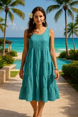 Vestido Eileen Fisher 100 % lino orgánico sin mangas en capas azul verde para mujer talla XL Foto 1 de 4