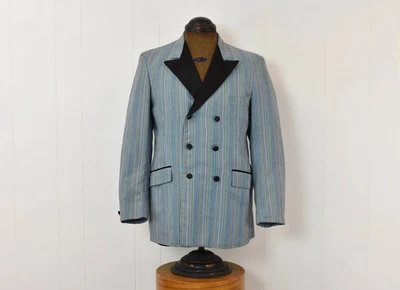 Chaqueta Traje Formal Primera Noche Algodón Rayas Azul Caramelo Años 60 70 De Colección Foto 1 de 4