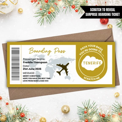 CRAFT PRINTS Christmas Scratch Off Boarding Pass Personalised Holiday Surprise Gift Gold