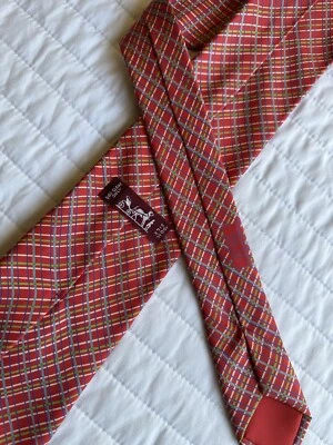 Hermes Paris Red Light Green Blue & Purple Plaid Print Silk Neck Tie - Image 1 of 4