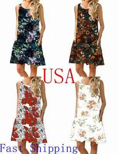 Tank Top T-Shirt Dress Women Casual Tunic Floral Boho Pocket Sundress Sleeveless - Picture 1 of 29