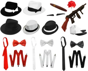 MENS 1920'S GANGSTER FANCY DRESS COSTUME HAT BRACES TRILBY SET ACCESSORIES LOT - Picture 1 of 20