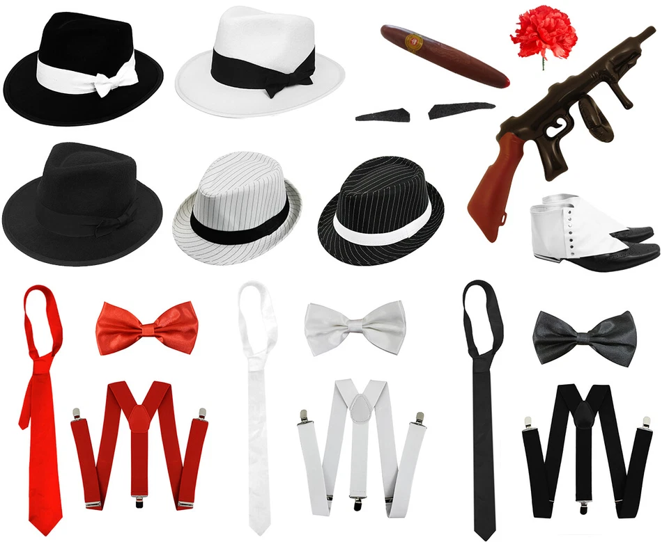LOTE DE ACCESORIOS CONJUNTO TRILBY PARA HOMBRES AÑOS 20 DISFRAZ DISFRAZ SOMBRERO TIRANTES Foto 1 de 1