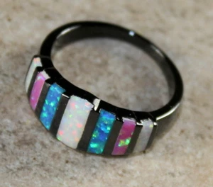 BLACK SILVER Elegant Blue, White & Pink Fire Opal Rainbow Ring Size 8, WR41505 - Picture 1 of 3