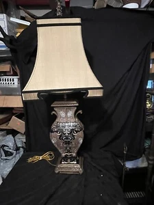 Pasargad  NY  Porcelain & Bronze 2 Handle Table Lamp W/Orig. Shade 40” - Picture 1 of 18