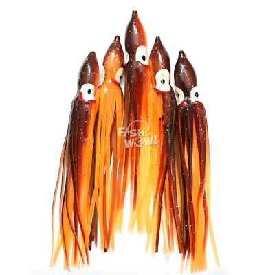 Fish WOW!® Brown Orange 4.75" Fishing Squid Skirts Octopus 12cm Hoochies lot NEW