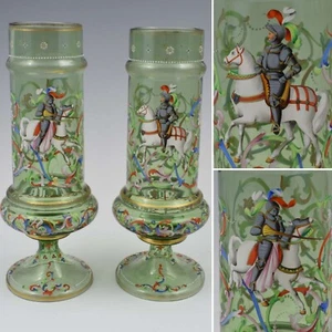 Rare PAIR C1900 Moser Harrach HISTORISMUS Green Glass Enamel Hand Paint Vases 9” - Picture 1 of 15