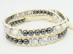 2 Envolturas Pulsera BLANCO TURQUESA, HEMATITA Piedra Cuentas Pulsera - Imagen 1 de 1