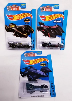 Lot of 3 Hot Wheels 2013 BATMOBILES HW City 2015 Series, Sealed Card ESTATE FIND - Image 1 of 4